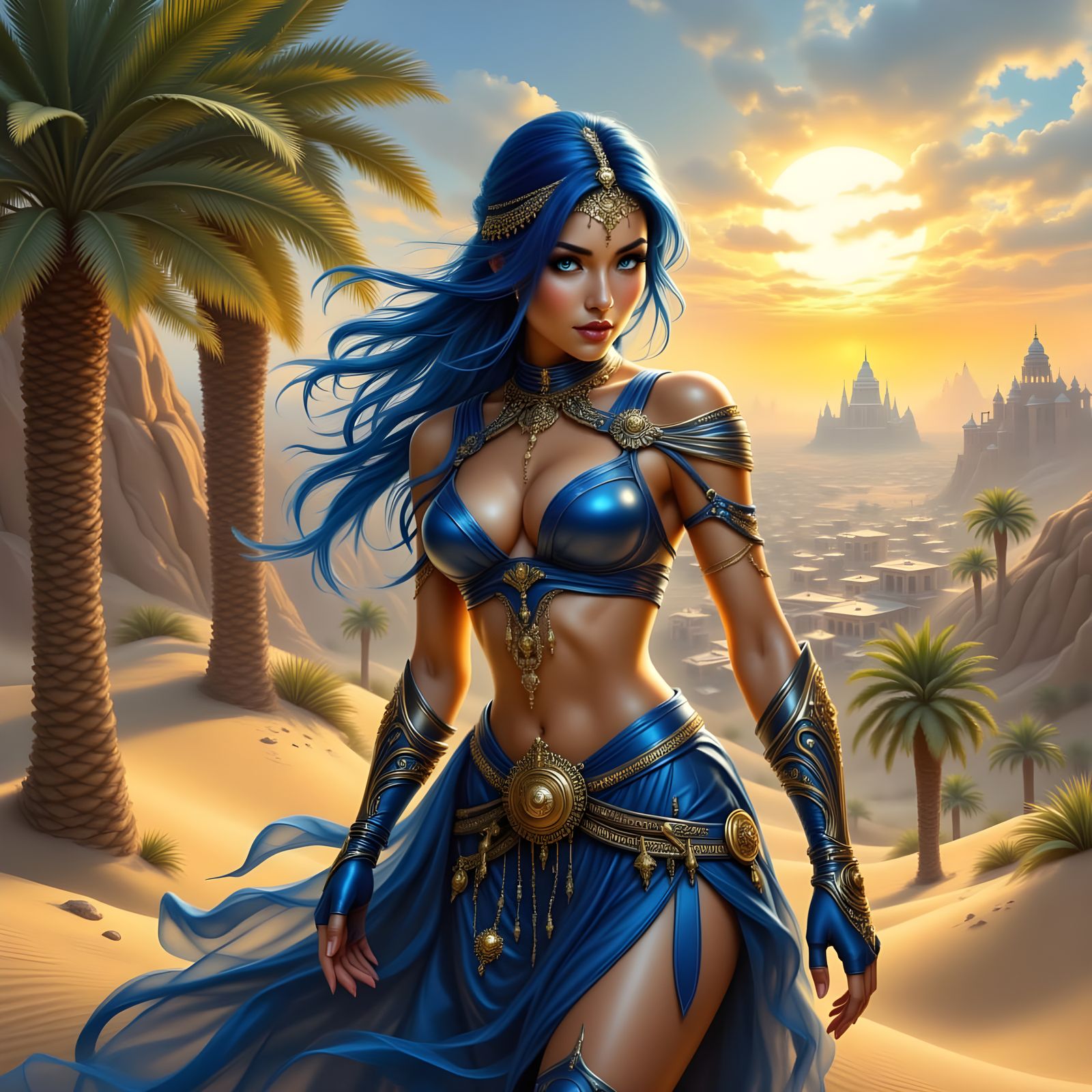 Arabian Warrior in Desert Oasis, WLOP and Mucha Style