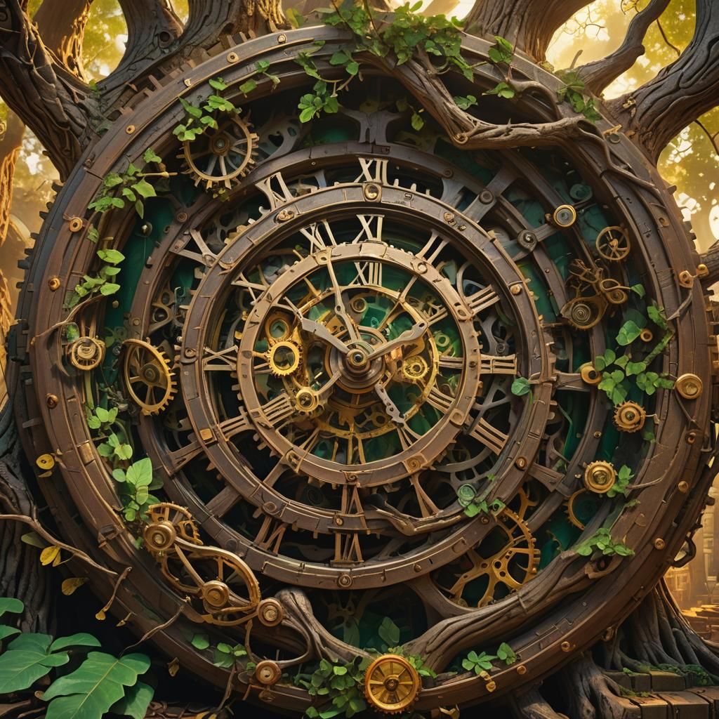 Ethereal Clockwork Tree in Warm Golden Light