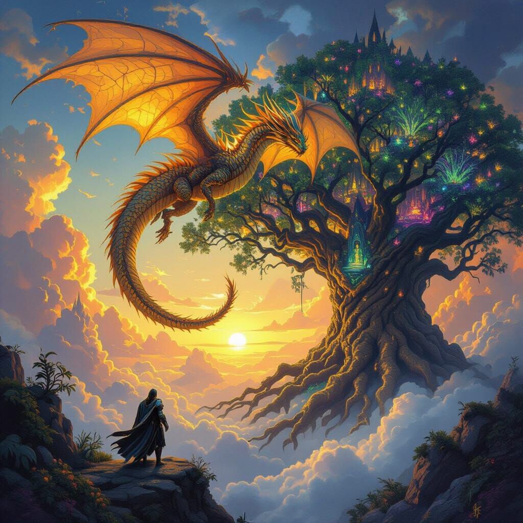 Golden Dragon Soars Above Knight and Elven City