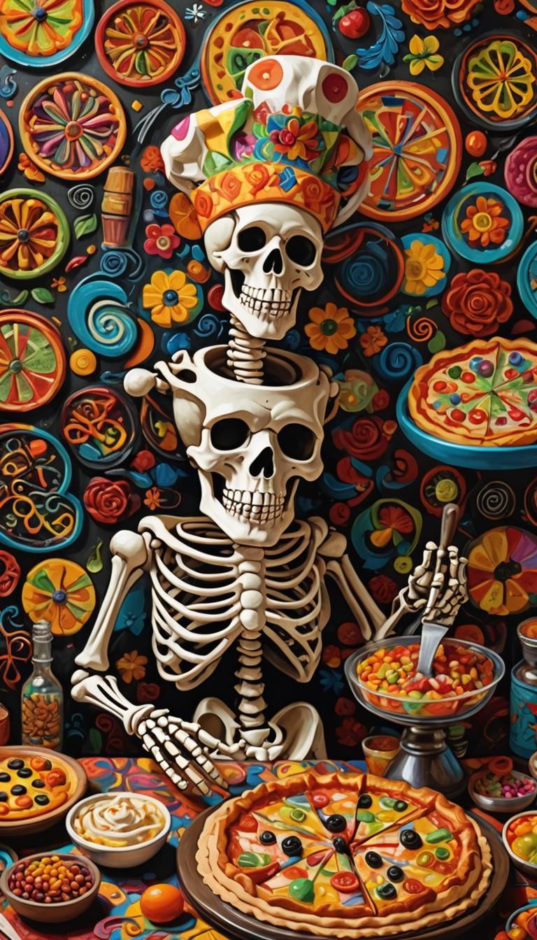 Vibrant Cubist Masterpiece: Skeleton Chef's Dia De Los Muert...