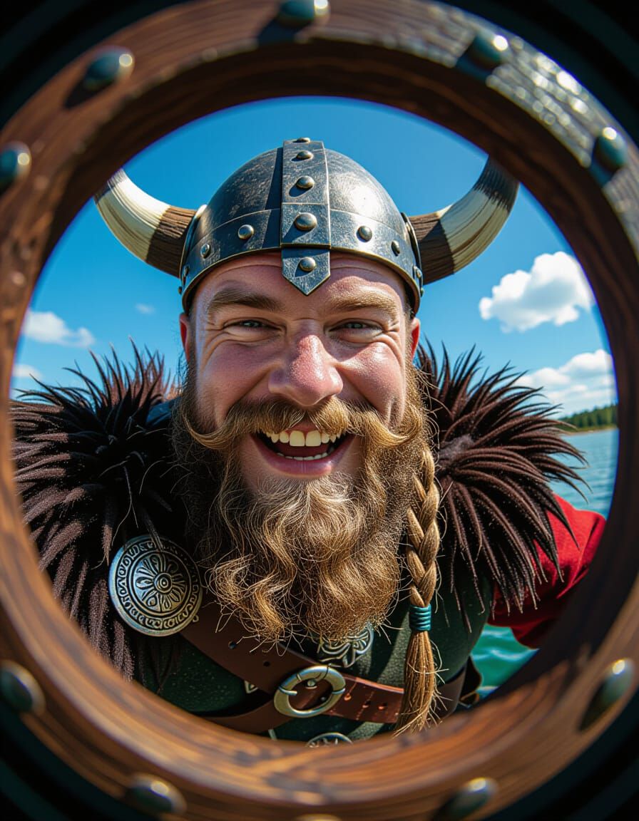 Smiling Viking Warrior in Fisheye View, Whimsical Illustrati...