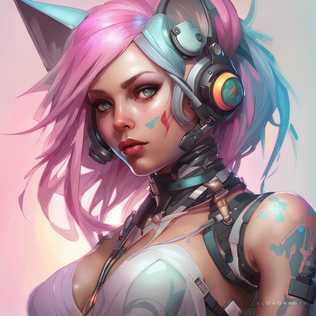 Cybergoth Catgirl Concept Art in Pastel Matte Colors