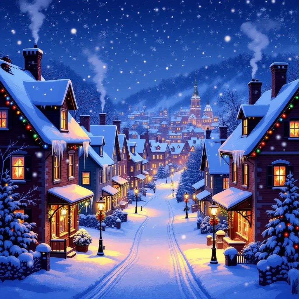Magical Snowy City at Night with Christmas Lights
