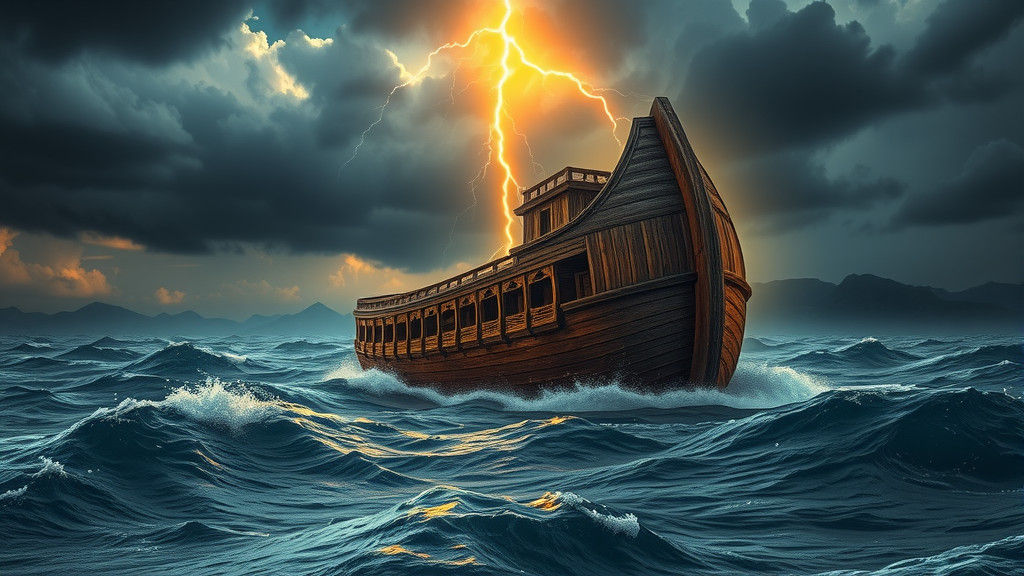 Massive Wooden Ark Towers Over Apocalyptic Ocean