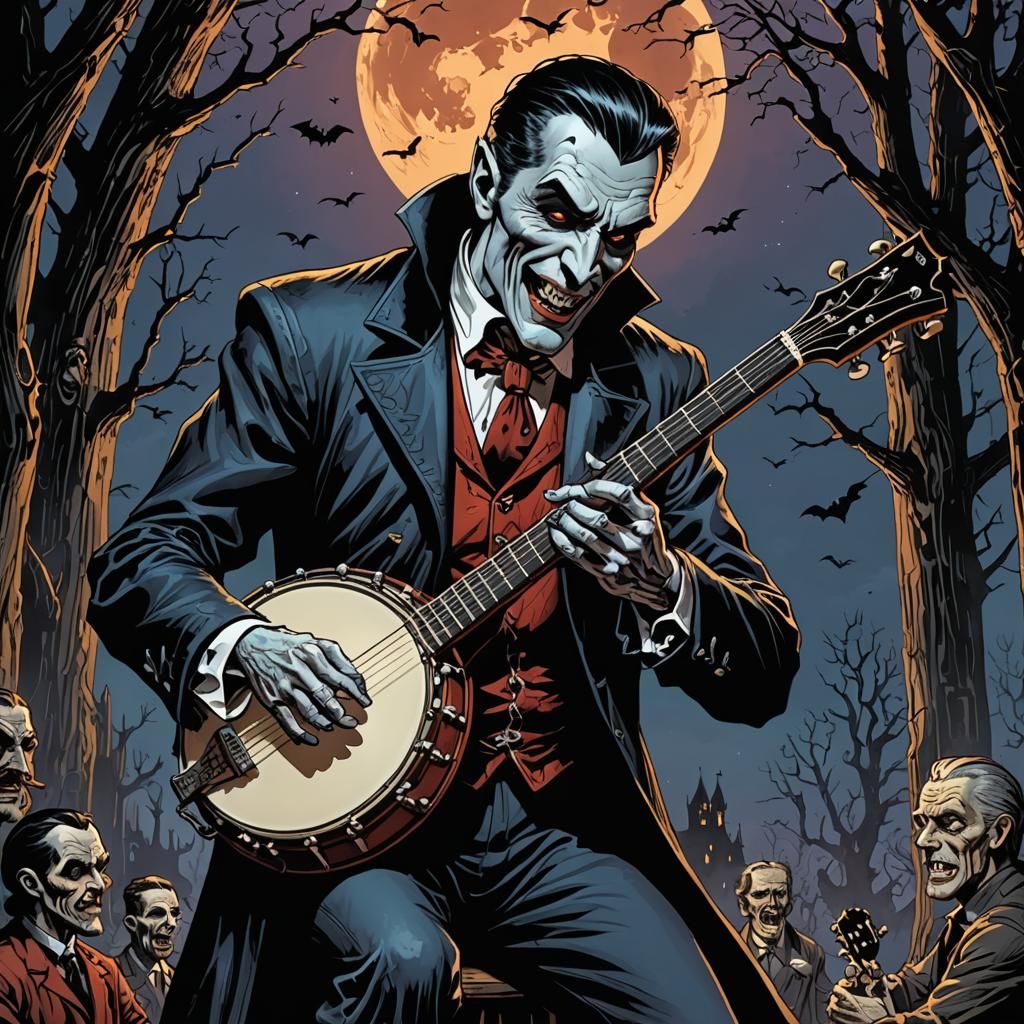 Count Dracula Plucks a Banjo with Comic Book Flair
