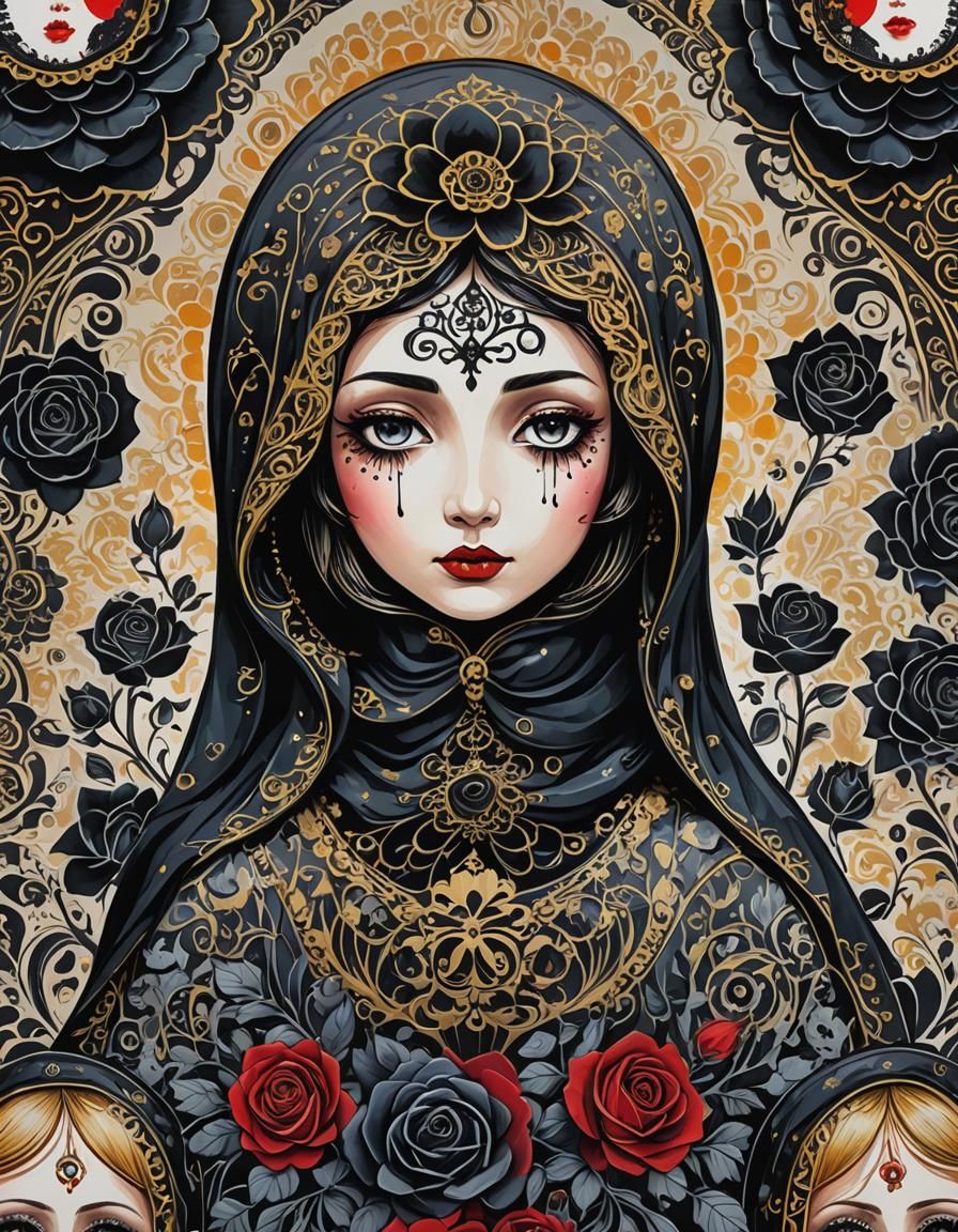 Gothic Russian Pop Art Matryoshka Doll Weeps in Elegant Blac...