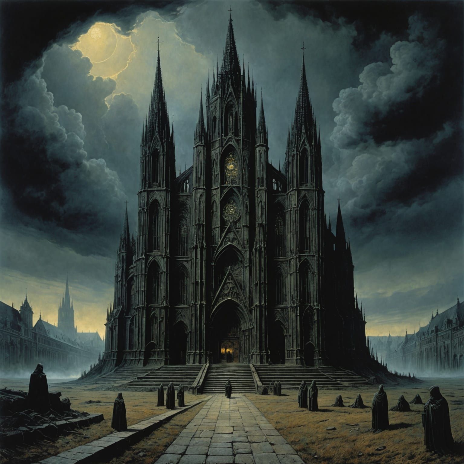 Solemn Gothic Cathedral in Darkened Realism