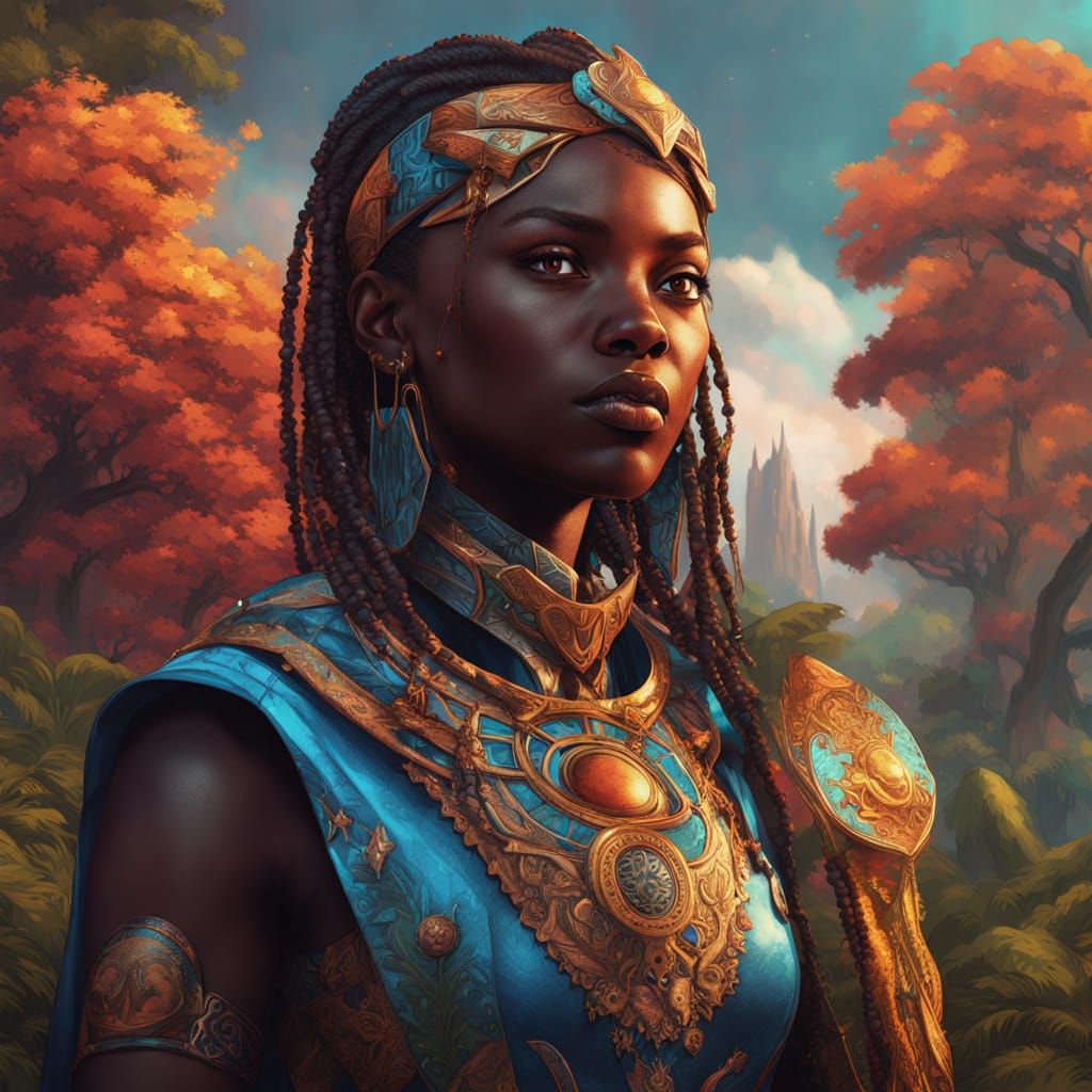 Liberian Superheroine in Afro-Futuristic Landscape