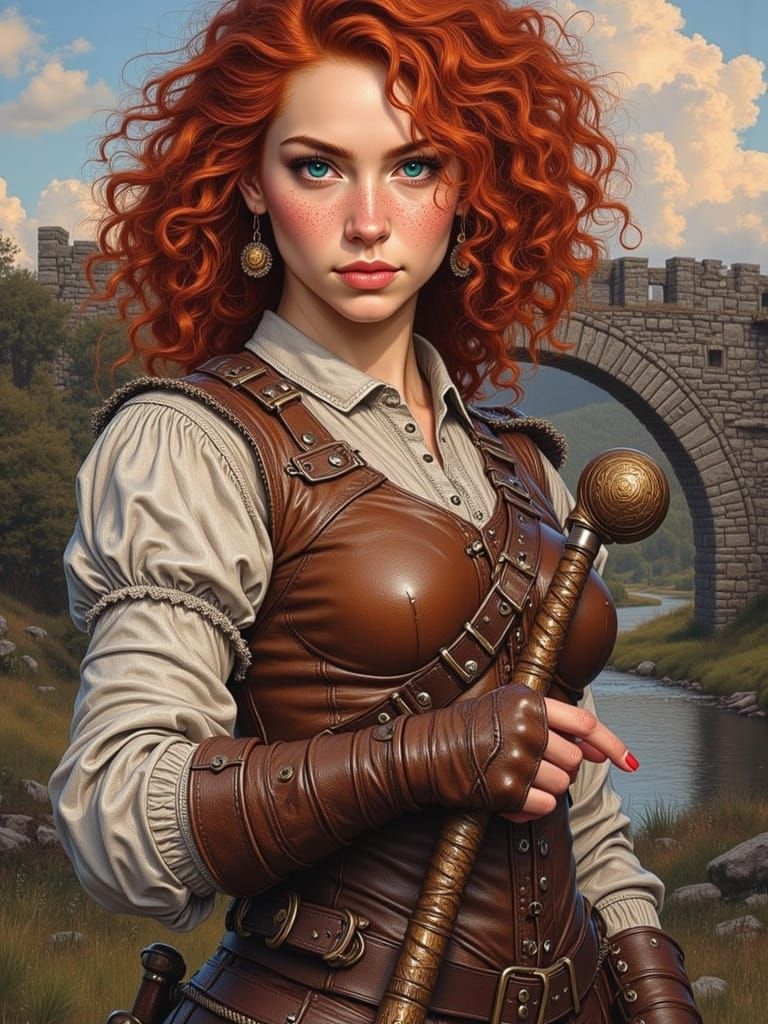 Dashing Warrior Girl on Ancient Bridge