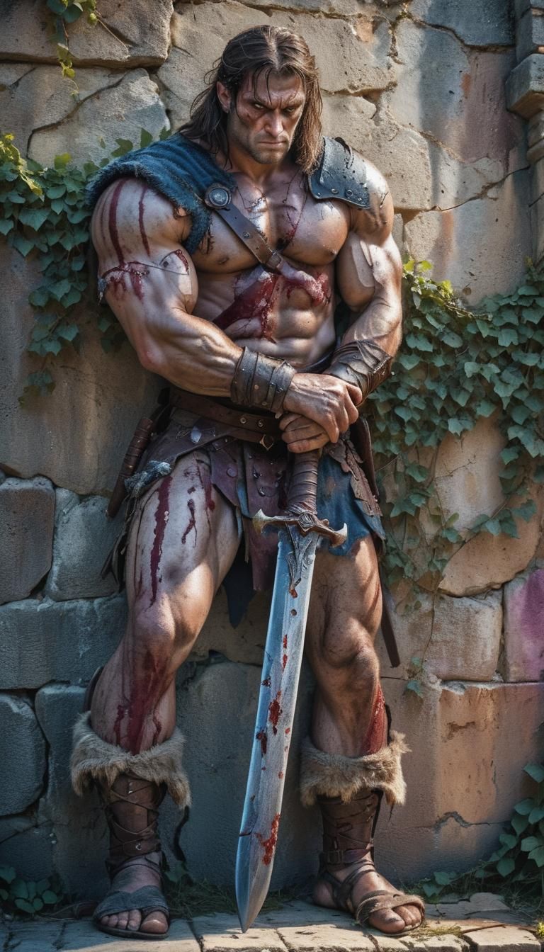 Powerful Barbarian Warrior, Battle-Weary, in Front of a Crac...