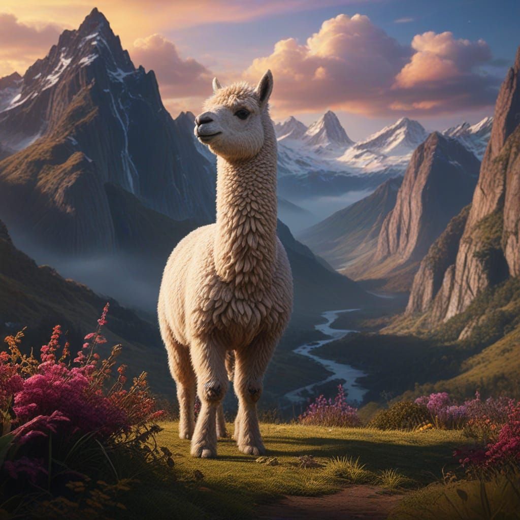 Majestic Alpaca in Fantasy Mountain Landscape