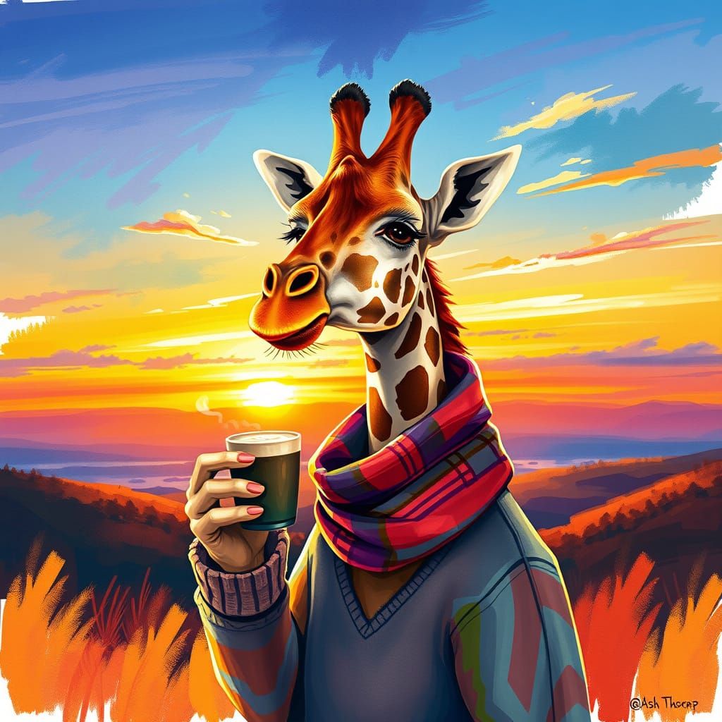 Giraffe Sunset Latte Art: Digital Watercolor Painting