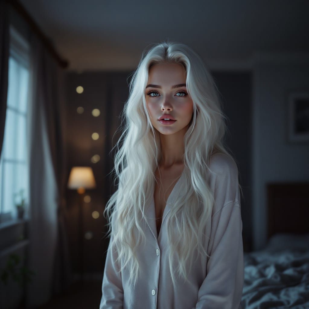 Woman with White Hair in Detailed Bedroom at Night