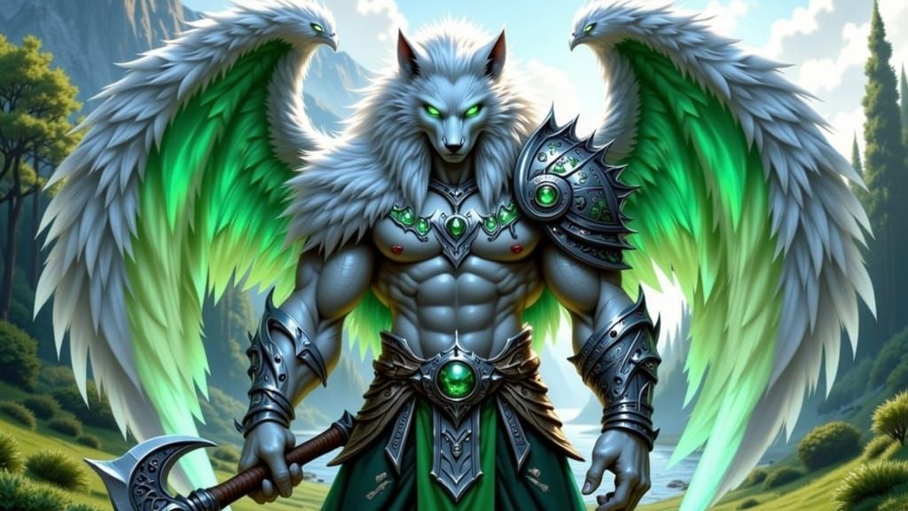 Towering Wolf-Headed Viking Warrior in Fantasy Landscape