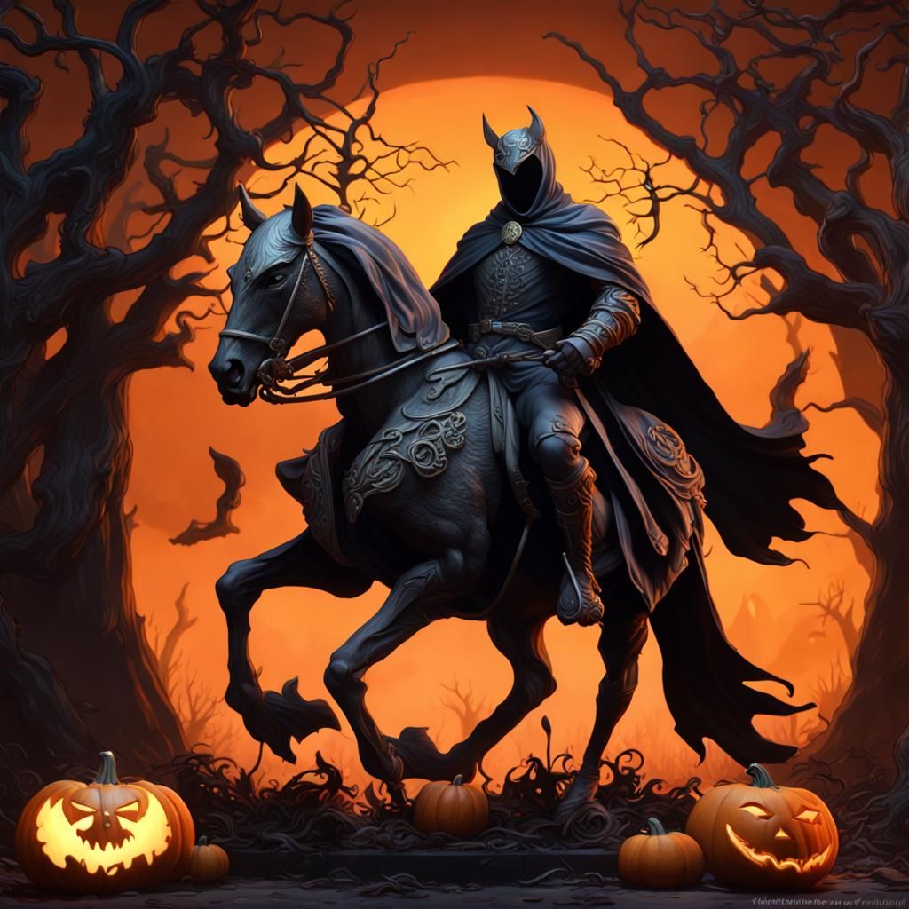 Headless Horseman in Vivid, Dreamlike Pumpkin Carving