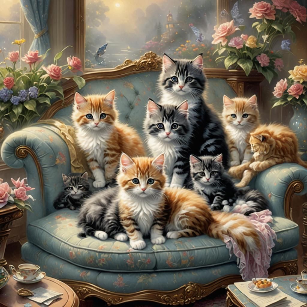 Whimsical Fantastical Kitten Scene in Dreamy Visions