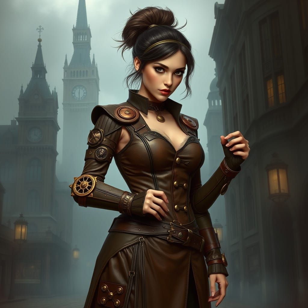 Steampunk Heroine Stands Tall in Foggy City Streets