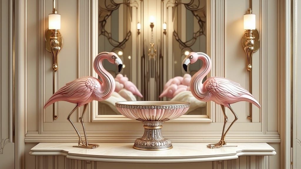 Elegant Art Deco Entryway with Ivory Table and Flamingo Deco...