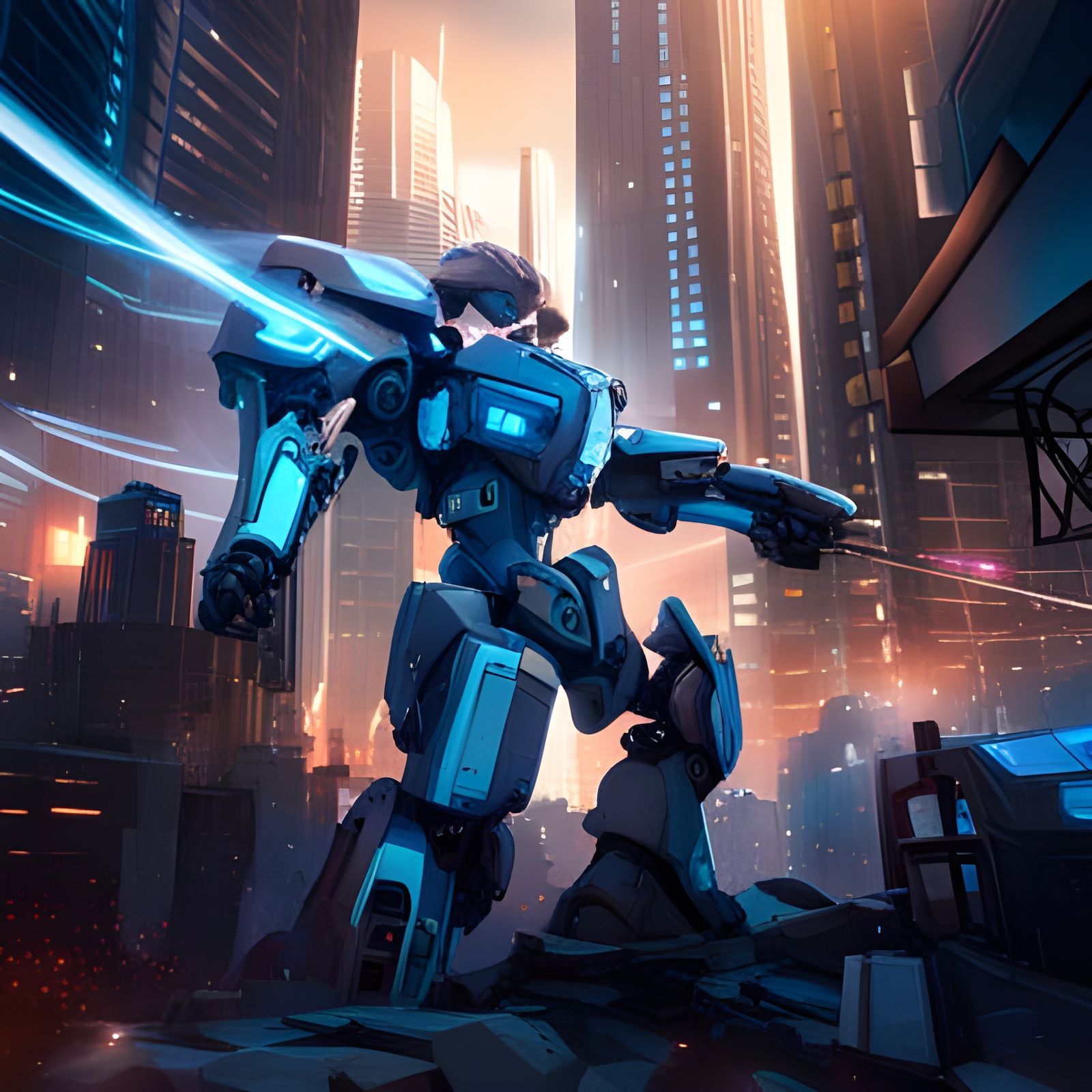 Mecha Robots Fire Lasers in Futuristic Cityscape