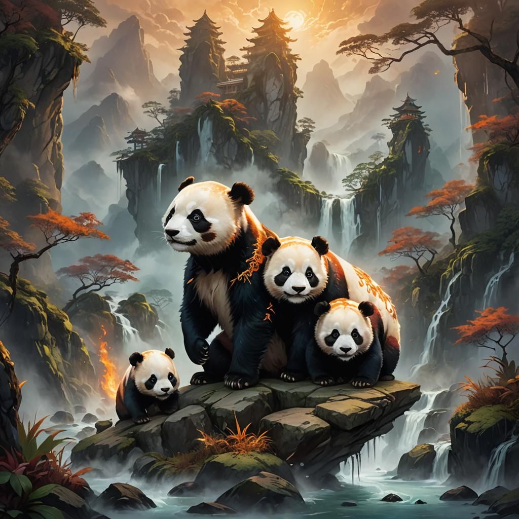Fantasy Art of Two Fire Pandas Cubs at Mystical Crossroads