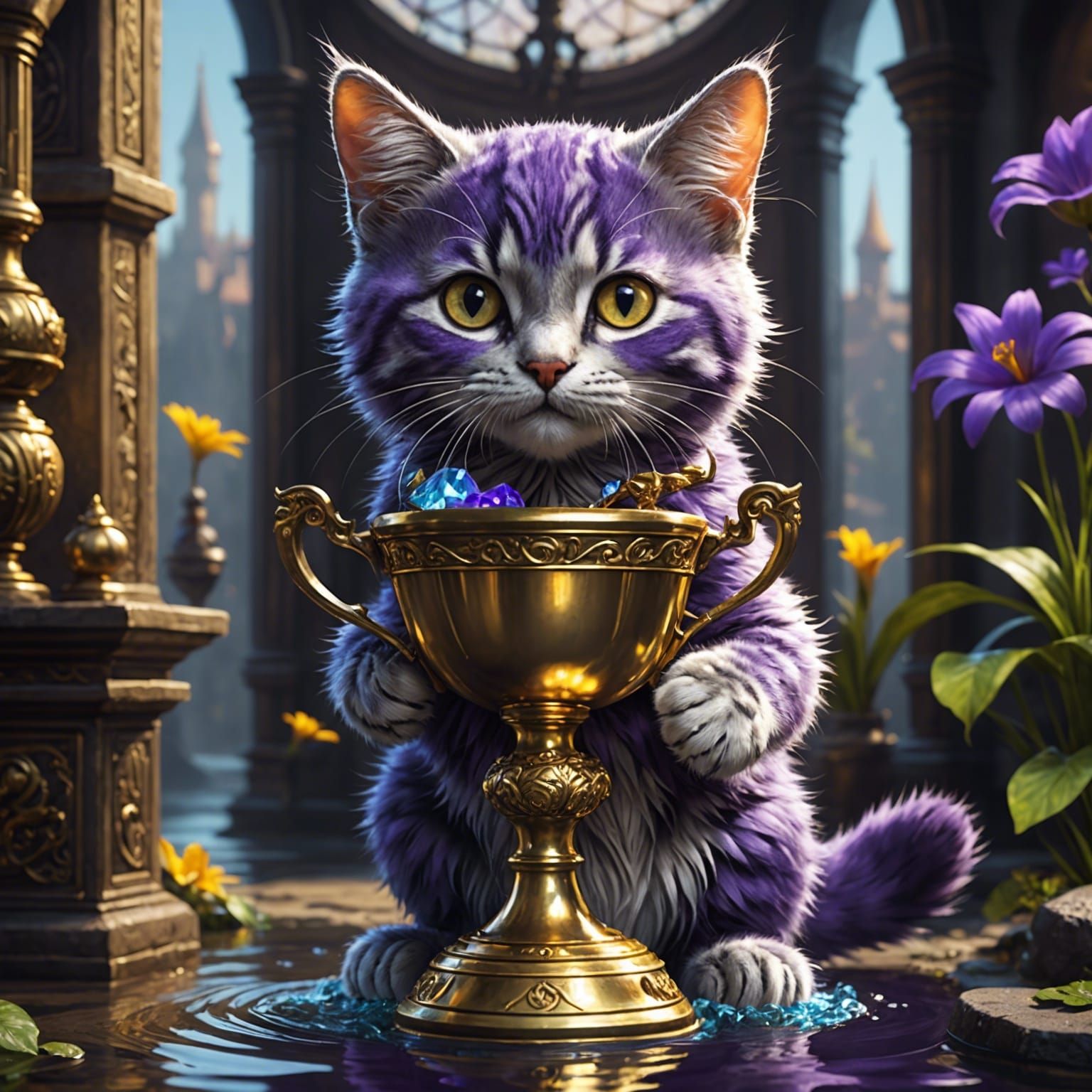 Majestic Baby and Cat Coexist Inside a Grand Trophy in a Mys...