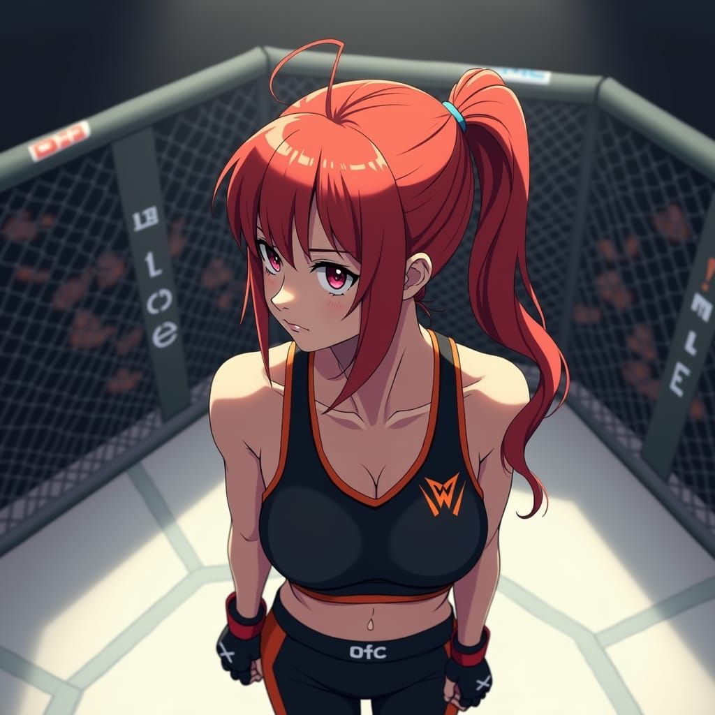 Anime-Style Female MMA Fighter Illuminated by Spotlights