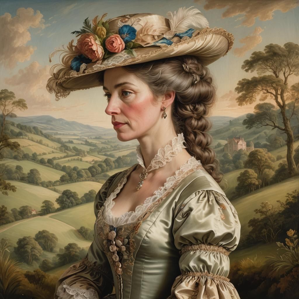 English Gentlewoman in Rococo Attire, 18th Century Oil Paint...