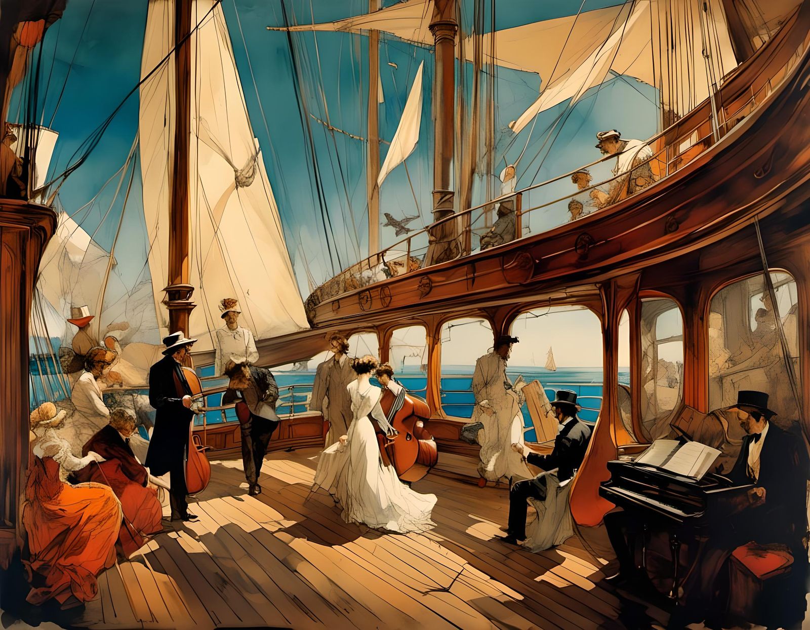 Vintage Luxury Steamer at Sea in Art Nouveau Style