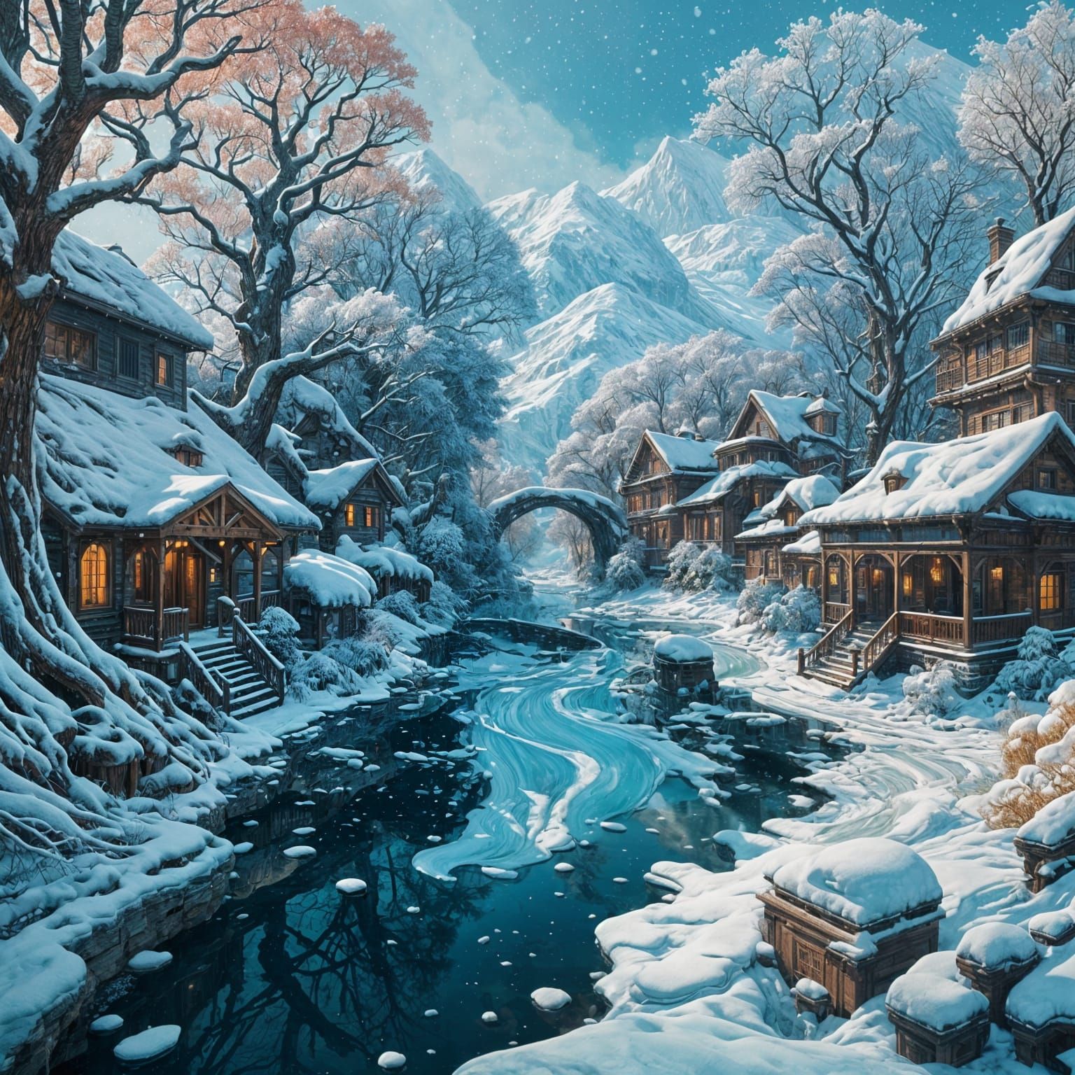 Snowy City Park in Gouache Illustration Style