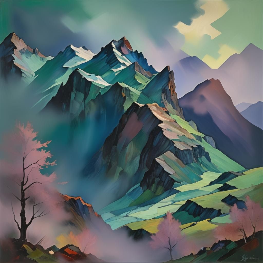 Atmospheric Expressionist Mountain Landscape with Somber Moo...