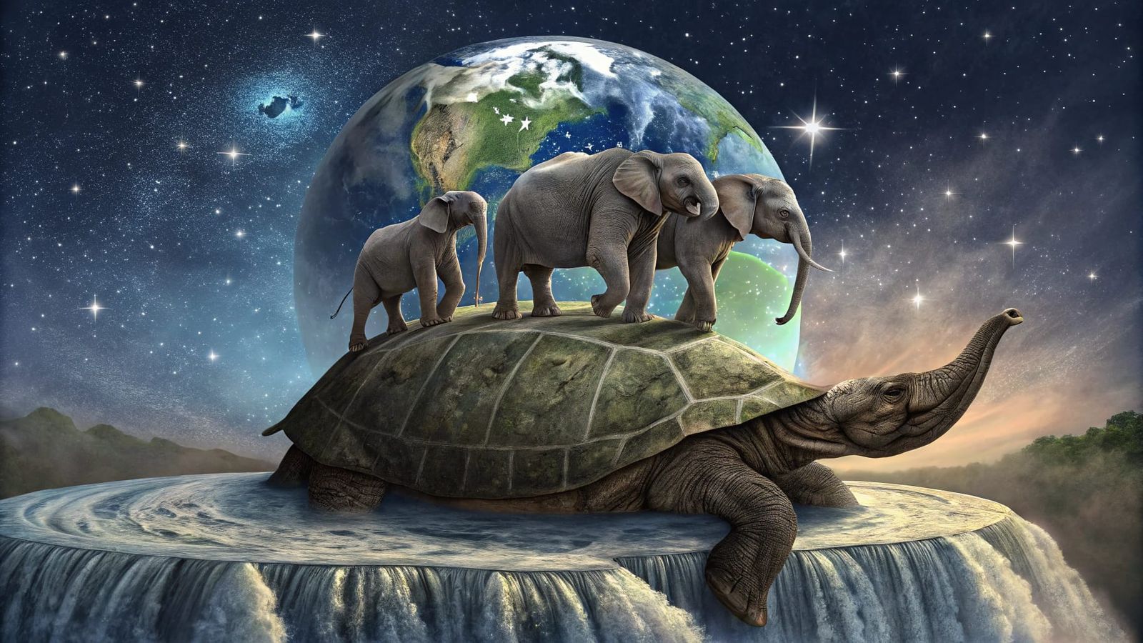 Elephants Support Earth on a Shimmering Turtle