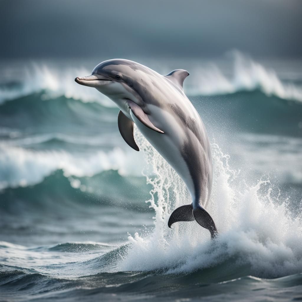 Ethereal White Dolphins Ride Stormy Waves
