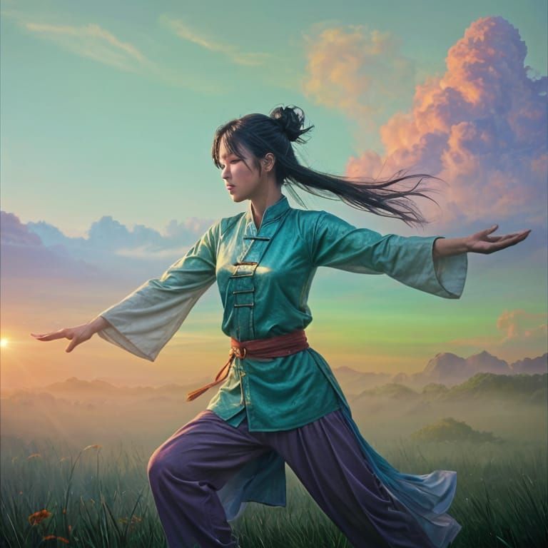 Serene Tai Chi Practitioner in Misty Sunrise, Action Paintin...