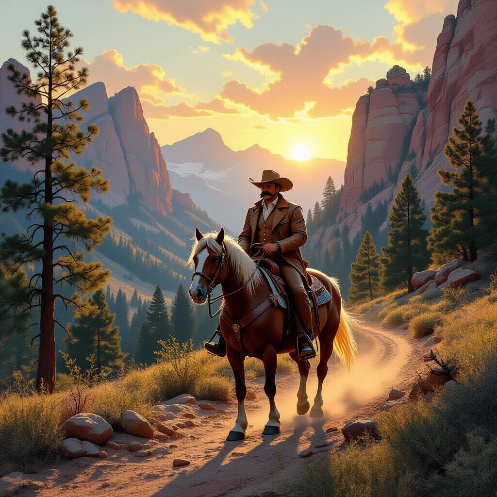 Blond Cowboy Rides Pinto Horse in Sunrise Rocky Mountains