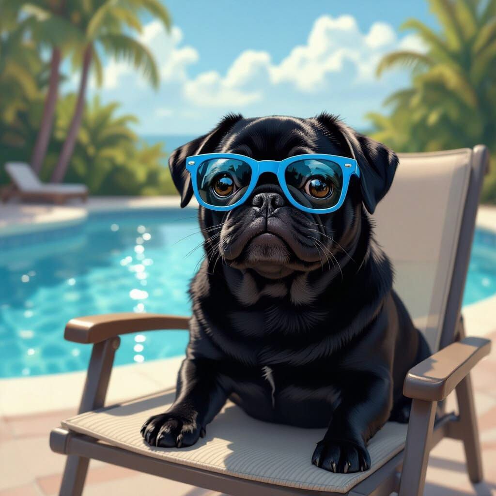 Pug with Blue Glasses by Sparkling Pool