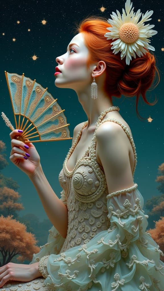 Surreal Fan Dancer in Cosmic Landscape with Fractal Patterns...