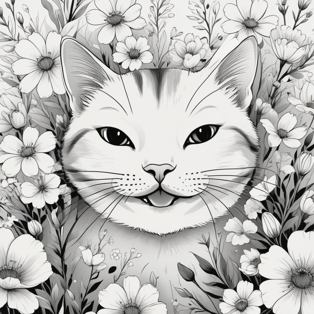 Bold Black and White Cat Portrait in Simple Line Art