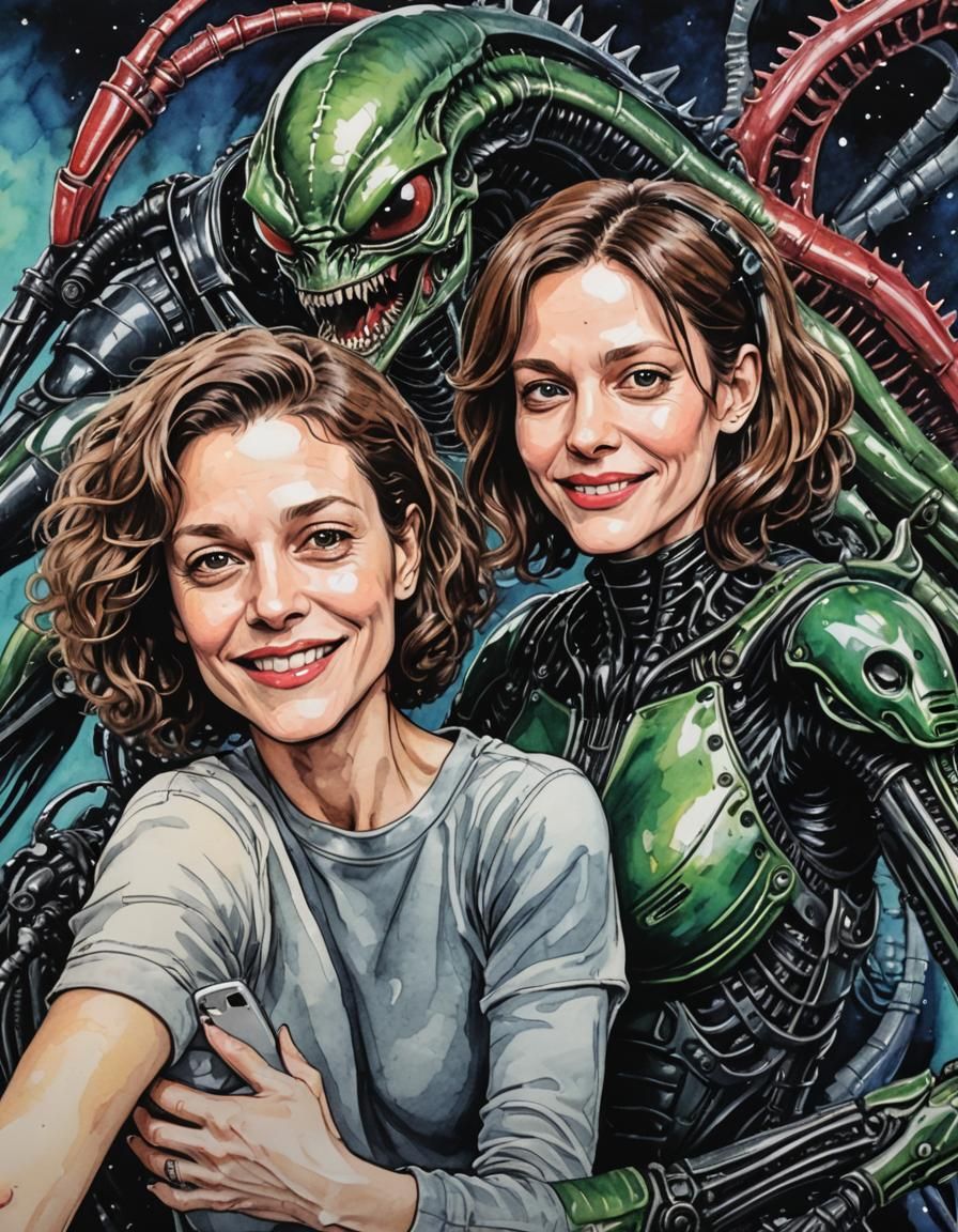 Selfie style image of Ellen Ripley and the double and alien ...