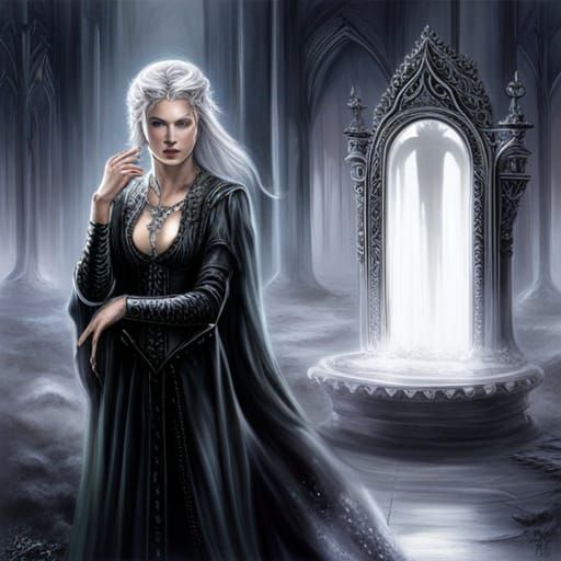 Mysterious Queen Before Sinister Magic Mirror