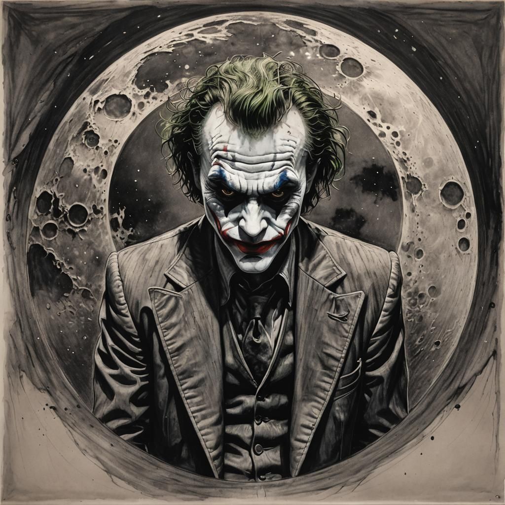 The Joker Spins Under a Giant Moon in Hyperdetailed Charcoal