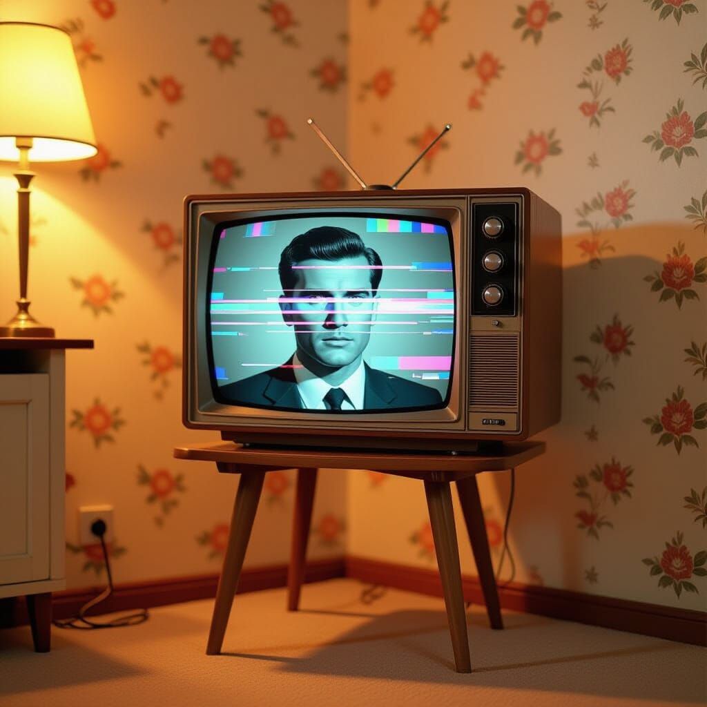 Vintage TV with Distorted Portrait in Retro Room