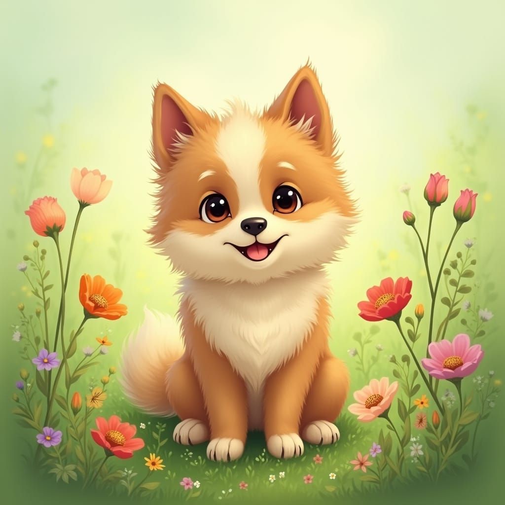 Whimsical Dog in a Vibrant Meadow