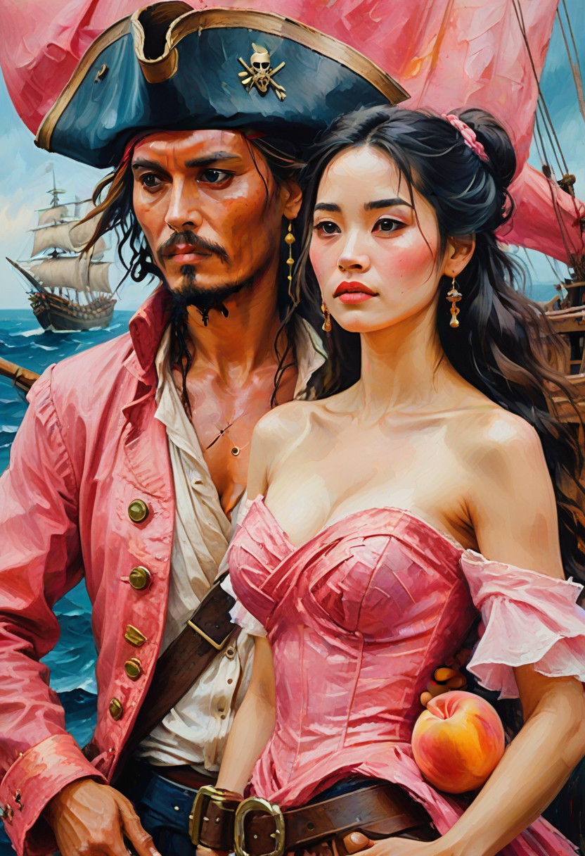 Vibrant Pink Pirate Maiden with Captain Jack Sparrow in Warm...