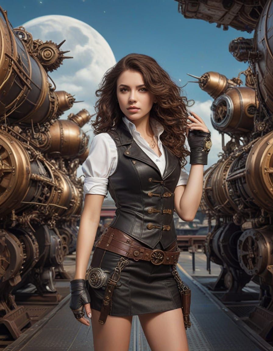 Steampunk Woman in Interstellar Station
