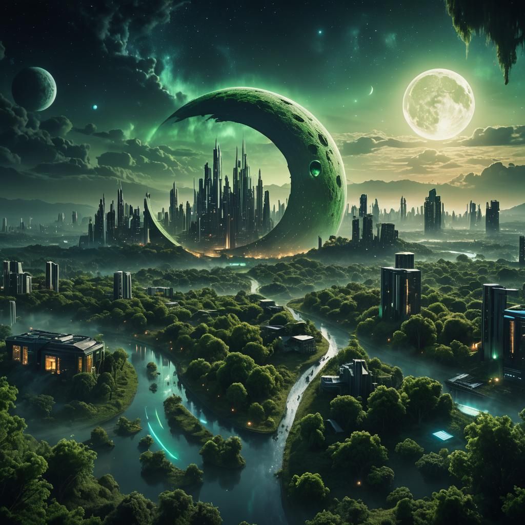 Epic Futuristic Cityscape Within a Celestial Moon Structure