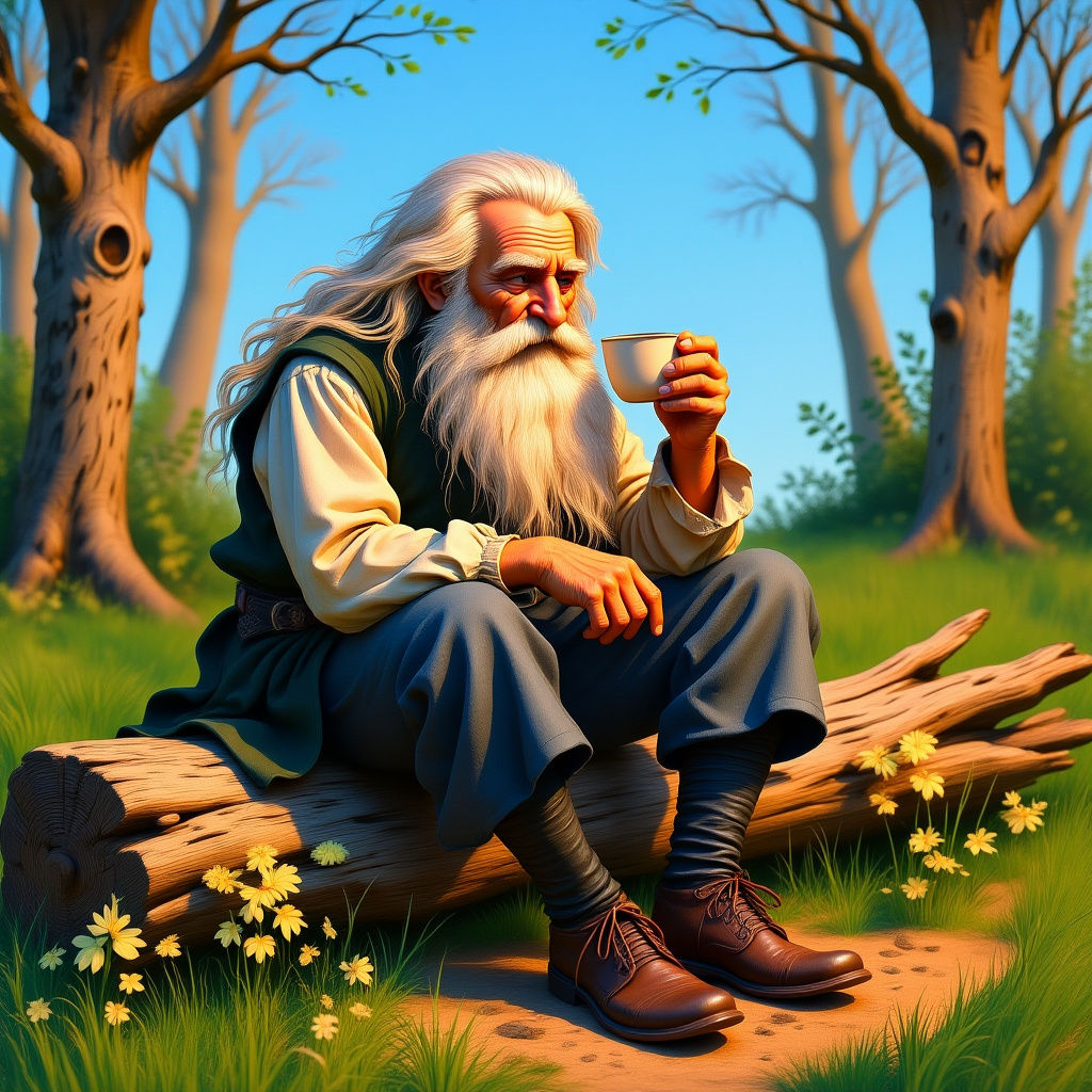 Old Man Drinking Coffee in Forest, Rackham Style