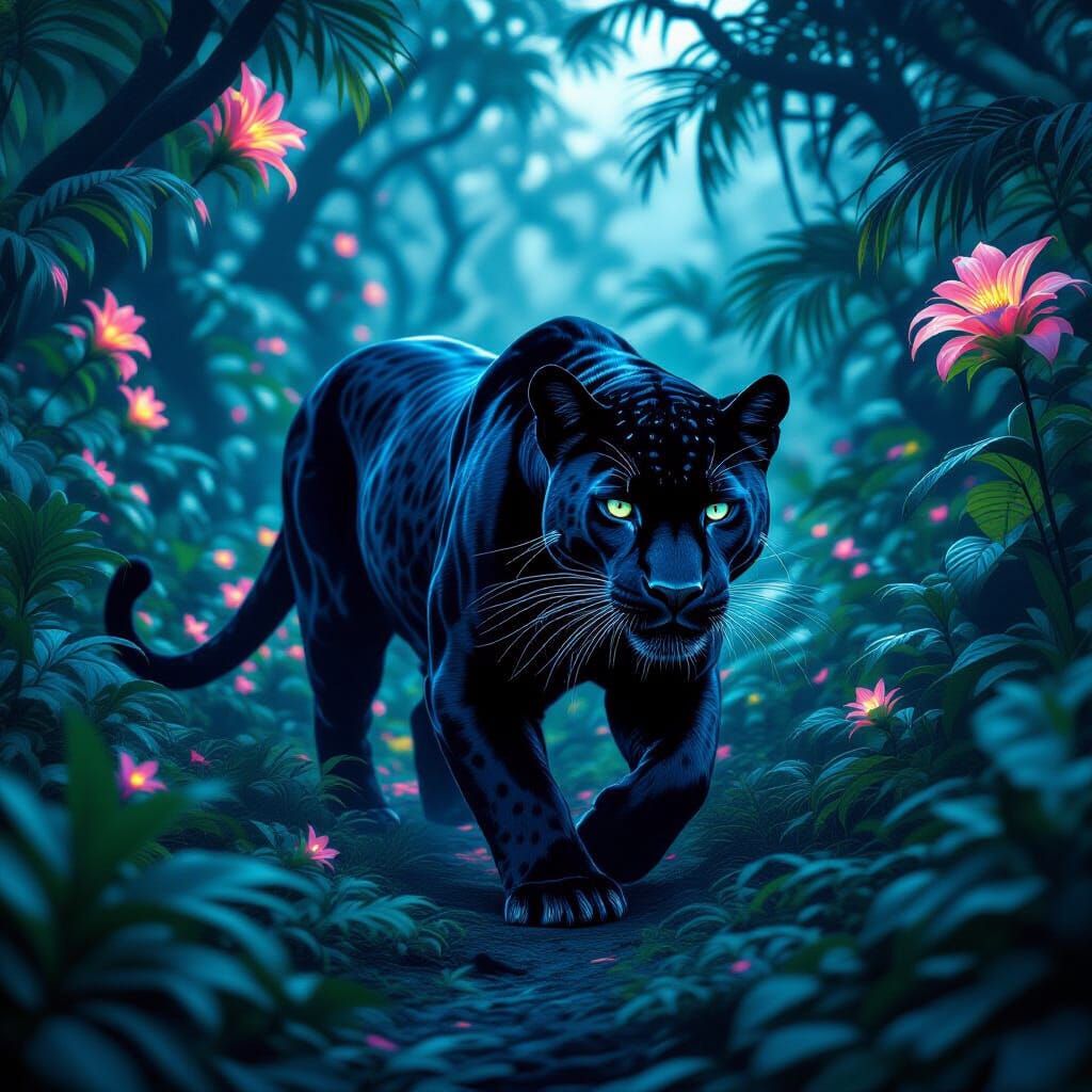 Bioluminescent Panther in Alien Jungle: Matte Painting