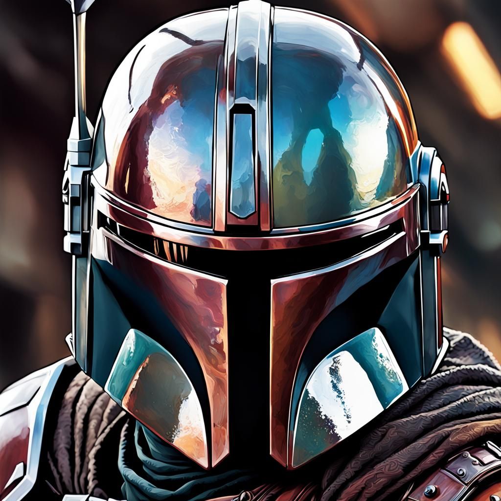 Mandalorian Helmet in Hyperrealistic Splashes of Color