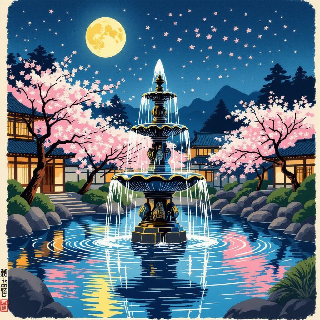 Moonlit Fountain in Ukiyo-e Style Courtyard