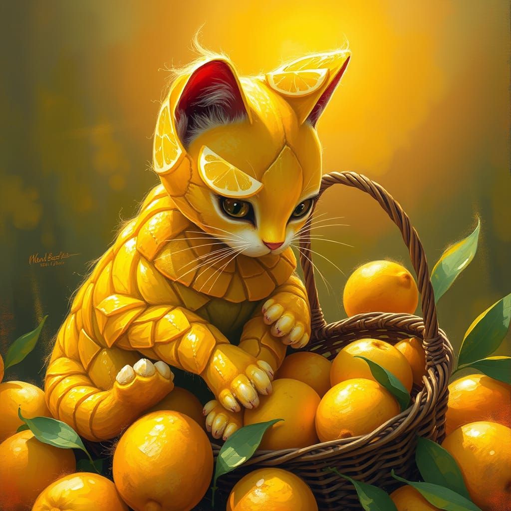 Whimsical Lemon Feline in Dreamlike Landscape